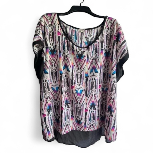 Womens 3X Pull Over Eyesdhadow Aztec Pink, Purple Black & Blue Hi-Low Sheer Top - Picture 13 of 13